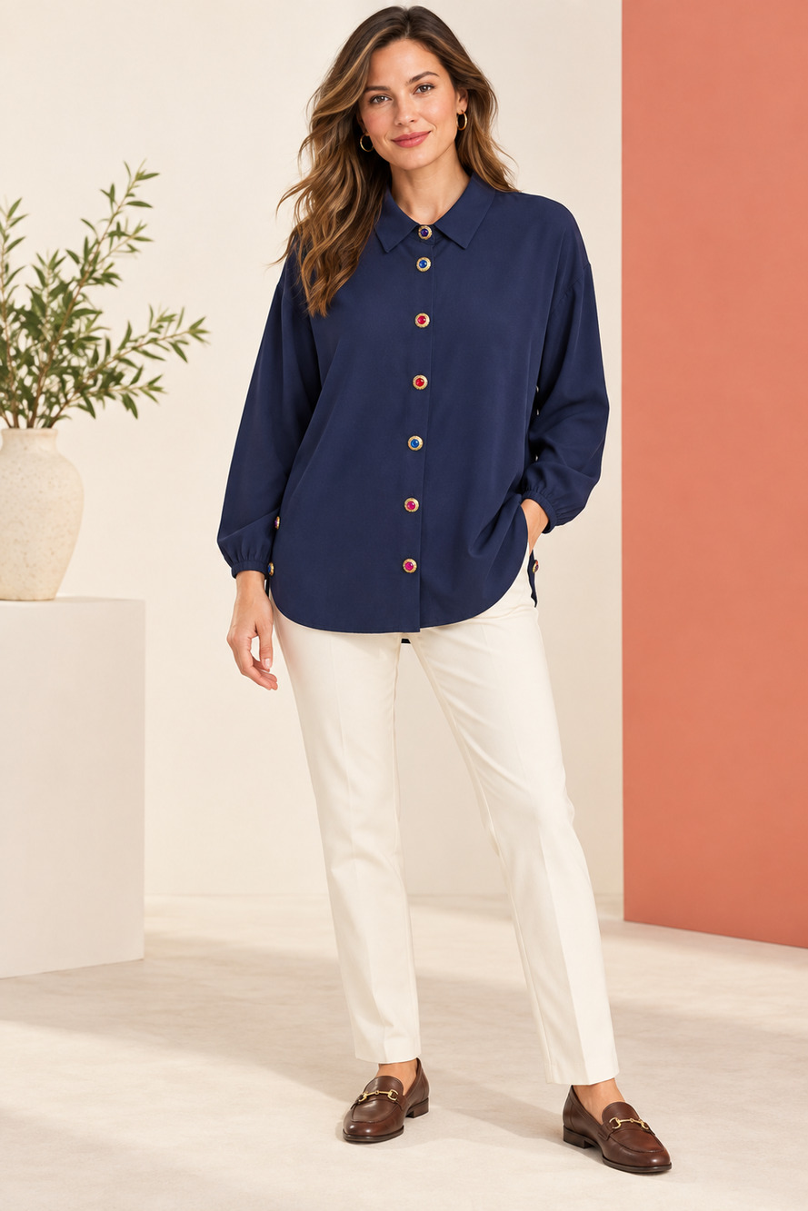 Vintage Jewel Button Navy Shirt Large Long Sleeve Relaxed Preppy Glam